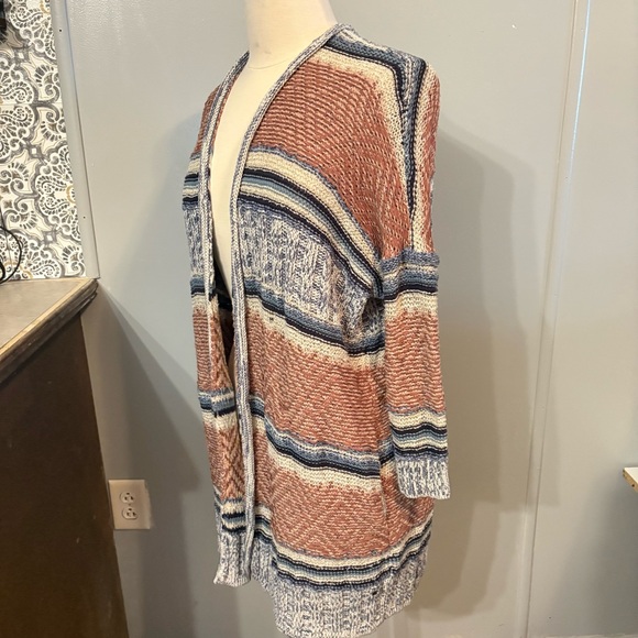 American‎ Eagle Distressed Brown Navy Blue White Striped Cardigan (Women's M) - Picture 4 of 10